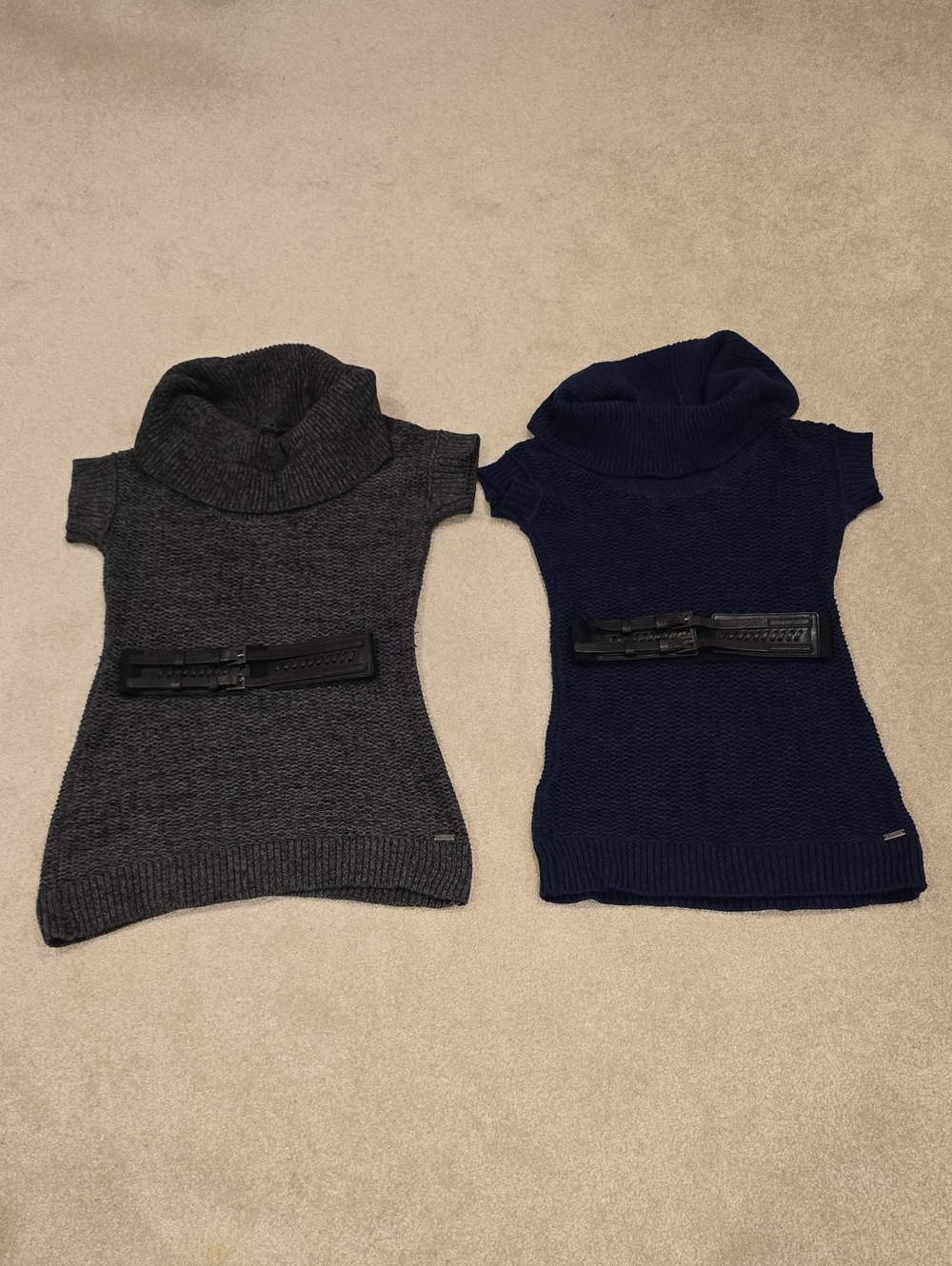 Guess Short-Sleeve Turtleneck Knit Sweaters in Gray and Navy with Waist Belts